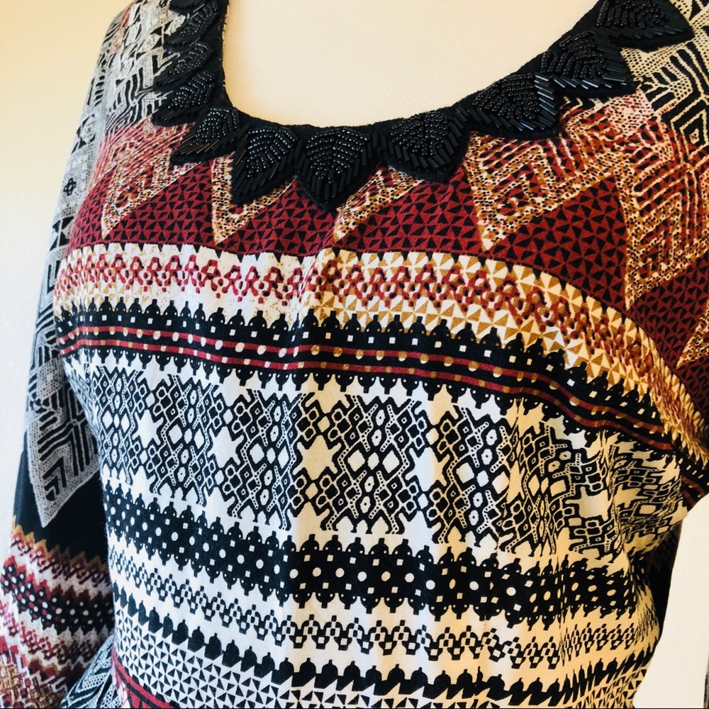 Alya Bohemian Beaded Neckline Tribal Print Dress - Picture 2 of 5